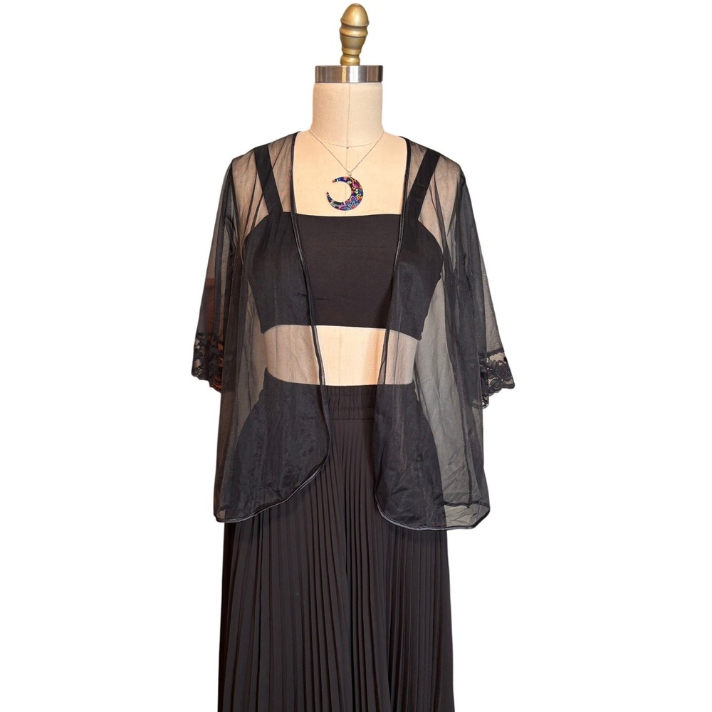 Sheer Mesh Lace Trim Unbranded Open‎ Front Cardigan OS Black